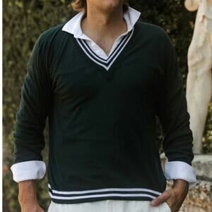 Vtg WORK WEAR Striped Tipped V-Neck Sweater Mens L Navy Preppy Retro.
